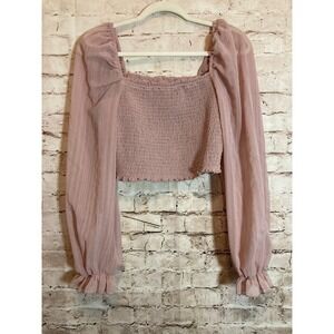 Aakaa‎ Coquette Top Womens Medium Pink Smocked Ruffle Trim Cropped Romantic